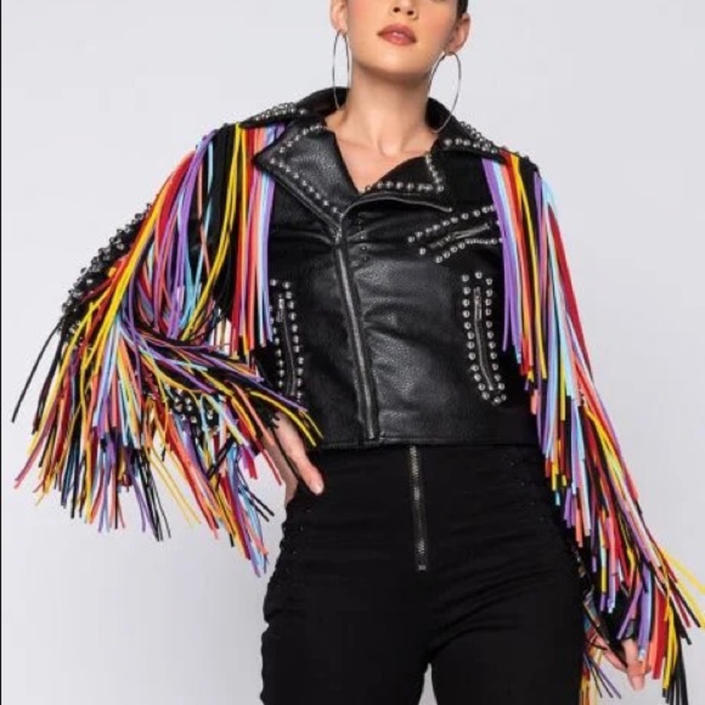 ISO IN SEARCH OF ALICE + OLIVIA AZALEA WANG AKIRA RAINBOW FRINGE MOTO JACKET